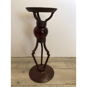 Brutalist Gothic Candle Holder Cast Iron With Amber Glass Ball Sphere 10 in 1970